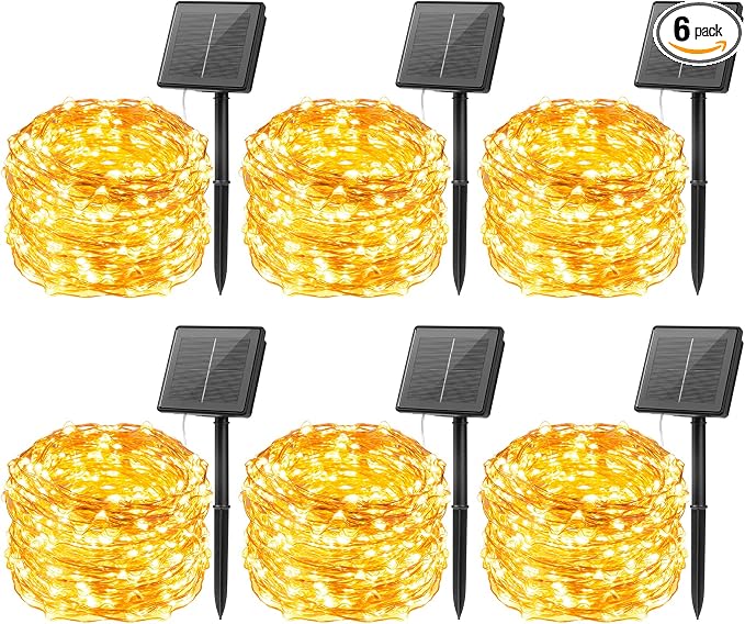 Solar String Lights, 6 Pack Total 198Ft 600 LED Fairy Lights Warm White | IP65 Waterproof Solar Fairy Lights with 8 Modes, Twinkle Solar Powered Outdoor Lights for Patio Yard Trees Wedding Christmas
