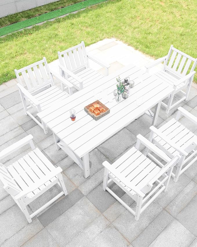 7 Pieces HDPE Outdoor Dining Set, Patio Dining Set with Umbrella Hole, All Weather Outdoor Dining Table Sets for 6, HDPE Patio Furniture Sets for Deck, Backyard, Lawn, and Poolside, Pearl