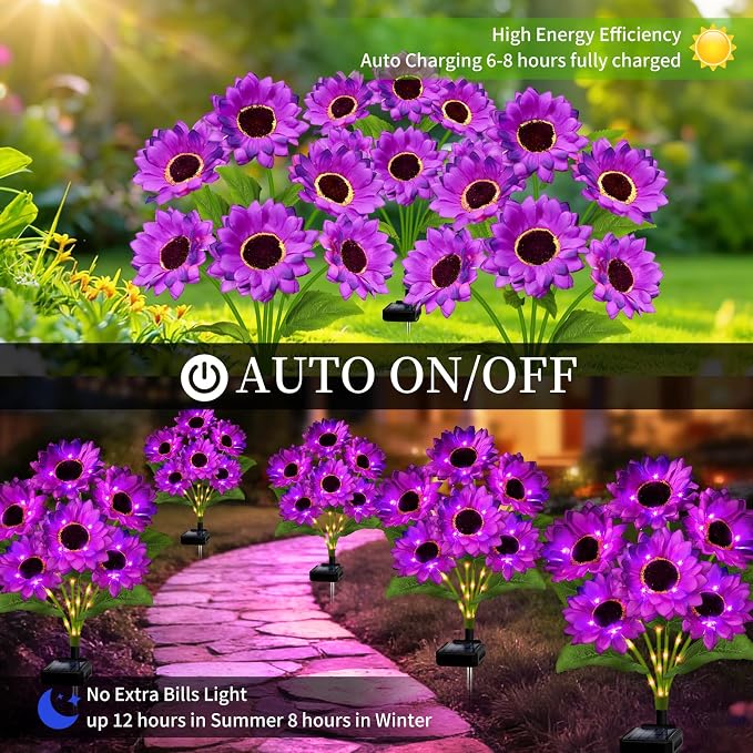 Solar Garden Lights Outdoor, 4 Pack Solar Purple Sunflower Lights with 18 Head 3.5 Inch Flowers, Waterproof Flowers Light Fall Decor Auto ON/Off for Garden Yard Patio Backyard, Gifts for Mom Women