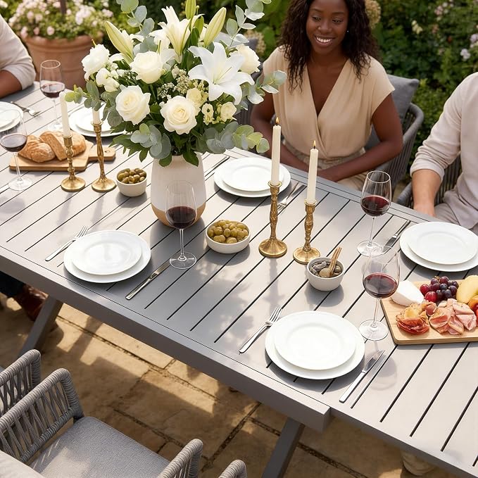 SUNSITT 9 Piece Outdoor Patio Dining Set, 65" - 107" Metal Expandable Outdoor Dining Table with X-Shape Legs, 8 Woven Rope Outdoor Patio Chairs w/Curved Armrest for Garden, Dark Grey