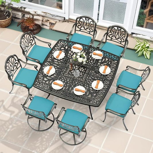 MEETWARM 9-Piece Outdoor Patio Dining Set for 8, All Weather Cast Aluminum Patio Funiture Table and Chairs Set- Large 64" Square Table, 2 Swivel Rocker Chairs, 6 Stationary, Umbrella Hole, Ocean Blue