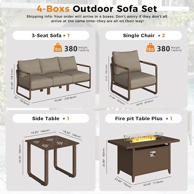 Outdoor Aluminum Patio Furniture Set with 43" Fire Pit Table,5-Seat Outdoor Conversation Set with 6.5" Thick Cushions & Coffee Table, All-Weather Patio Set for Backyard，Brown