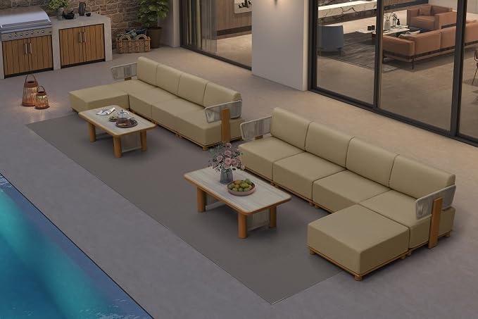 PURPLE LEAF Patio Furniture Set Modular L-Shaped Outdoor Sectional Sofa with 11" Thick Olefin Cushion 12-Piece Outdoor Conversation Set with Tables & Coffee Lights for Backyard Garden Poolside, Beige