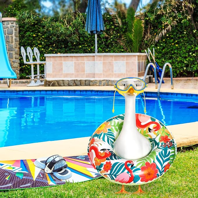 Aliceset 2 Pcs Summer Porch Goose Outfits Hawaiian Pool Goose Cloth Costume Swimsuit with Swim Ring Sunglasses, Fits 23'' Lawn Statue for Patio Yard Garden Outdoor Decor(Flamingo Style)