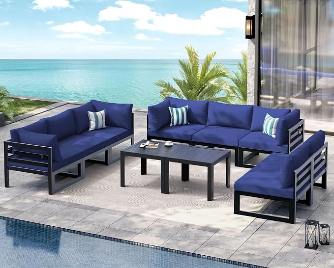 NICESOUL 10 Piece Oversized Modern Aluminum Patio Furniture Set, All Weather Rust Resistant Modular Sectional Sofa with Side Table, 500 lbs Heavy Duty Comfortable Outdoor Couch for Backyard, Navy Blue
