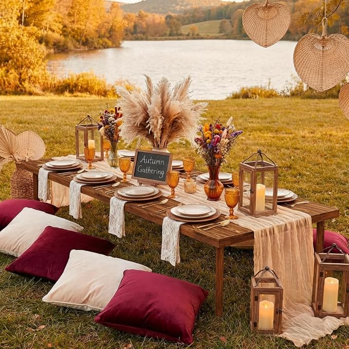 Novabright 8 Person 30 x 60 Inches Boho Table Low Folding Picnic Table Beach Portable Low Wood Floor Event Foldable Garden Wedding Party Camping Picnic with Runner Set(Dark Brown)