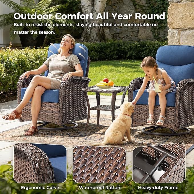 Luxury Patio Furniture Set with 6-inch Thick Cushions, Outdoor Furniture Set with High Back Swivel Chairs, 10 PCS Wicker Outdoor Conversation Set for Porch, Patio, Yard, Deck, Poolside, Brown/Blue