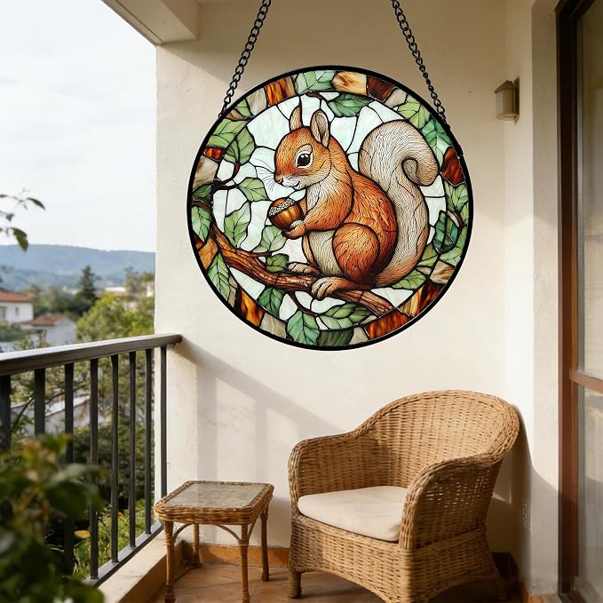 DASTOLL Stained Glass Window Hanging, Squirrel on a Branch Suncatcher Diamond Glass Panel Animal Sun Catchers Decor for Birthday for Women, Men, Wife, Aunt, and Mom 6.3 in