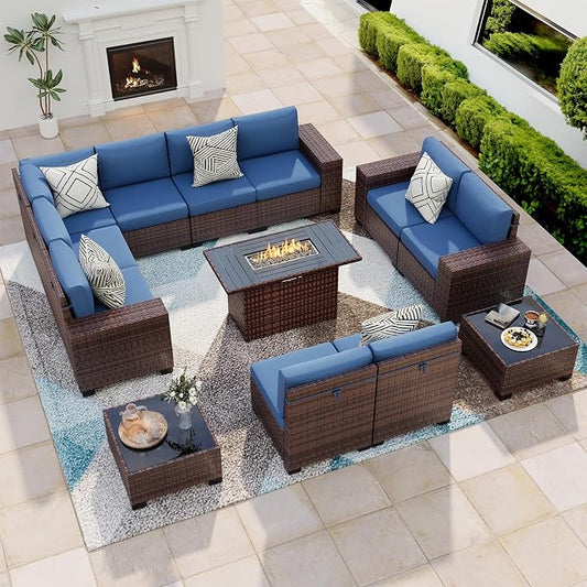 13 Piece Patio Furniture Set with Fire Pit Table, Wide Armrest Outdoor Sectional Sofa Brown Wicker Rattan Conversation Sets, 4'' Thickened Cushion Navy Blue