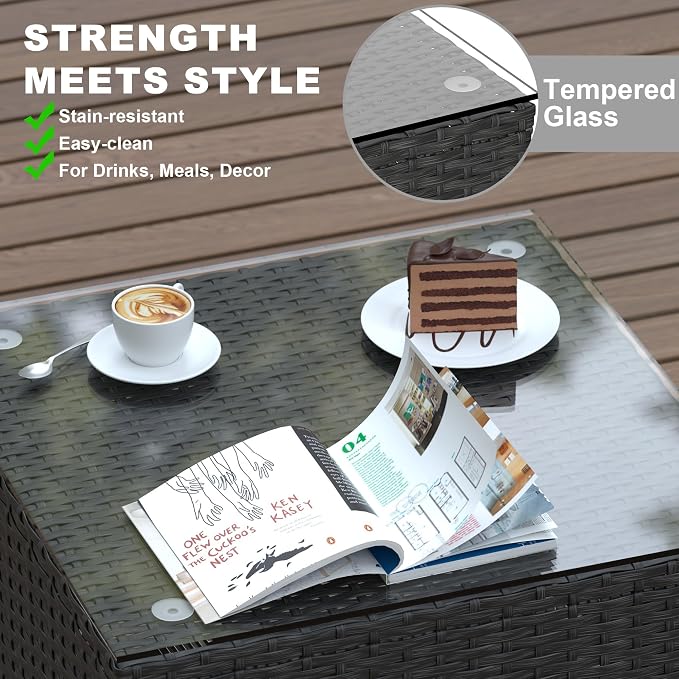 5 Piece Patio Furniture Sets, Outdoor Patio Set Sectional Sofa, All-Weather PE Rattan Couch with Cushion, Glass Table for Gatherings, Parties, Sports Viewing (Khaki, 5-Piece Set)
