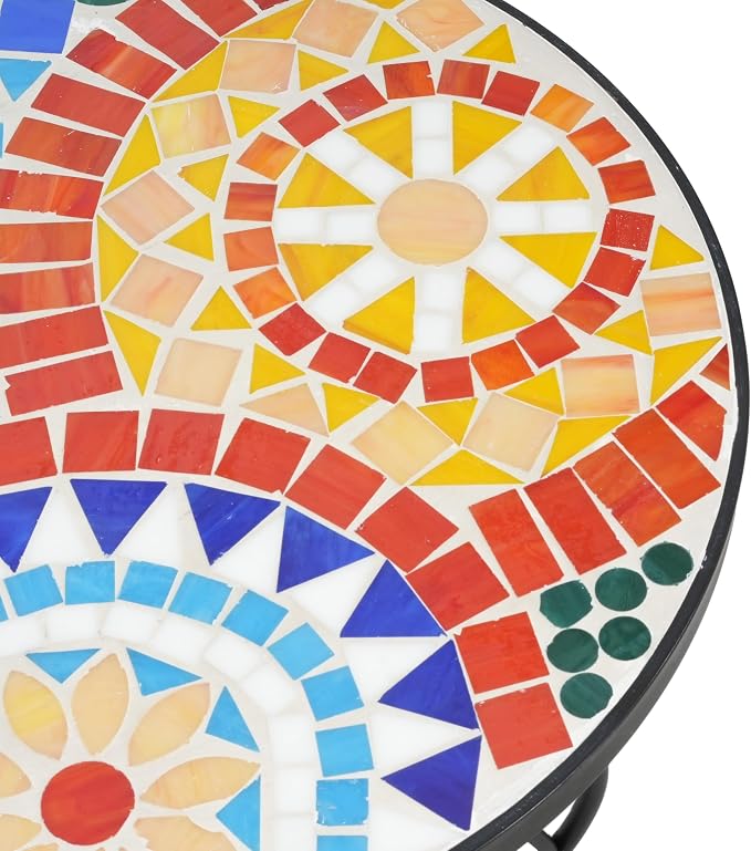 Outdoor Metal Side Table with Ceramic Tile Top Mosaic Patio Side Table and Plant Stand Tables, Round Side Table Iron End Tables for Yard Porch Balcony Garden, Daisy Red