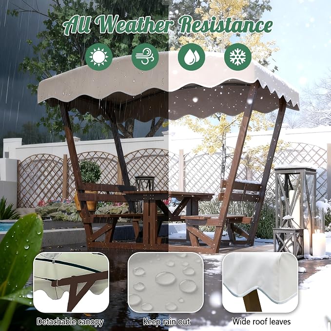 Outdoor Waterproof Solid Wood Picnic Table and Bench Set with Removable Canopy - Suitable for All-Weather patios, Gardens, Decks, Parks, Beaches