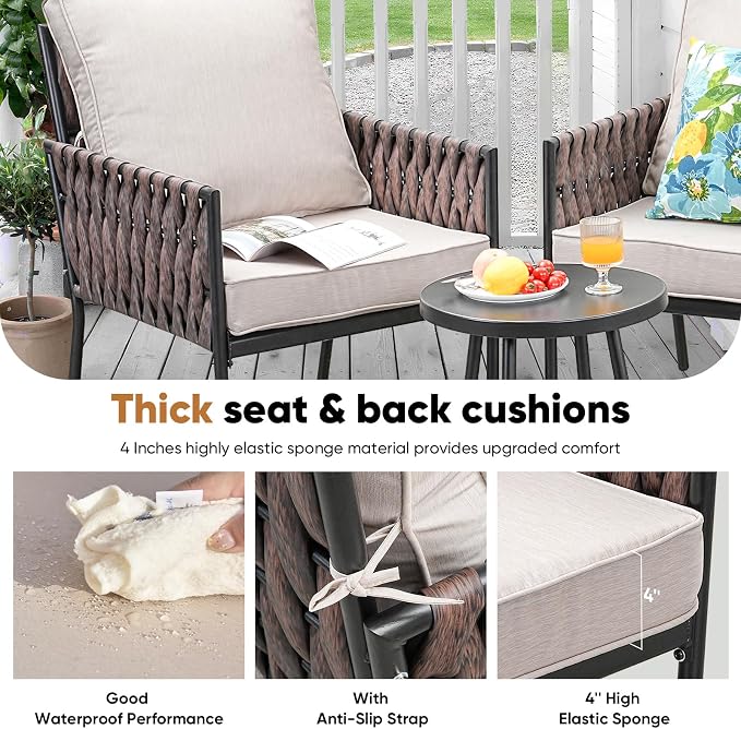 JOYURE 3-Piece Patio Furniture Set, Armchairs with Coffee Table,Modern Wicker Outdoor Conversation Set with Waterproof Thick Cushion for Deck,Backyard,Porch,Beige