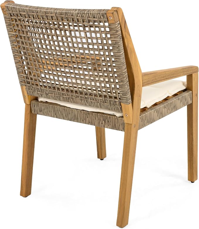 Christopher Knight Home Samma Acacia Wood Outdoor Dining Set for 4, Patio Dining Table Set for 4, Outdoor Dining Table and Sled Base, Dining Chairs with Cushion + Wicker Backrest, Teak+Brown+Cream