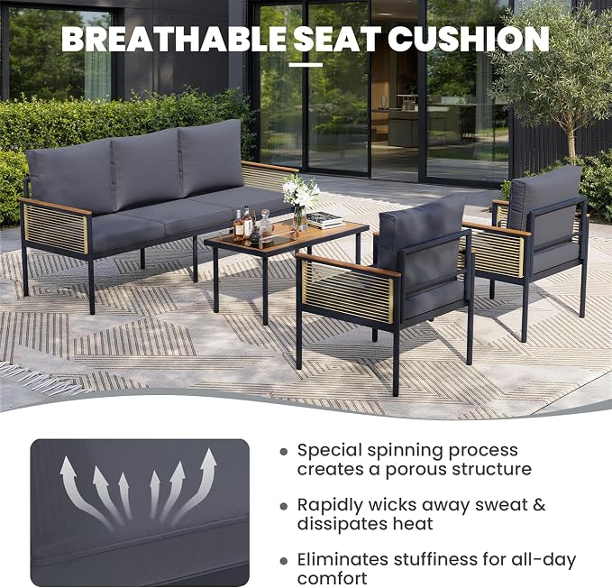 4 Pieces Patio Furniture Set, Outdoor Furniture Set with Table and Chairs, Metal Patio Conversation Sets with Thick Waterproof Cushions for Backyard, Garden, Poolside, Dark Grey (5 Seats)