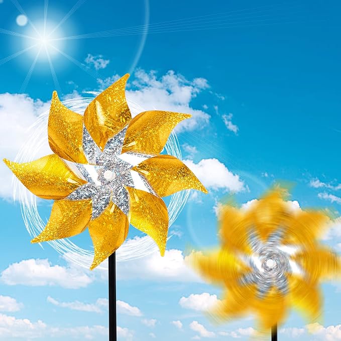 Hausse 10 Pack Reflective Pinwheels with Stakes (Assembly Required), Extra Sparkly Pin Wheel for Garden Decor, Bird Repellent Devices Deterrent to Scare Birds Away from Yard Patio Farm, Golden