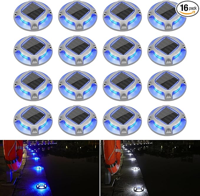 VOLISUN Solar Driveway Marker Lights Dock Marine Led Deck Outdoor 16 Pack | 2 Colors in 1,Solar Powered Waterproof Warning Step Lights for Pathway Garden Sidewalk Walkway (Blue/White)