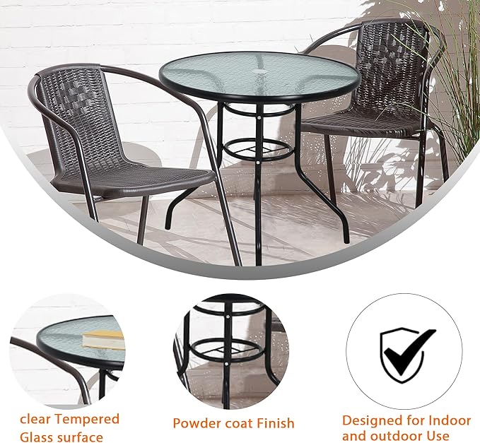 32" Patio Table with with Umbrella Hole, Round Outdoor Dining Table Bistro Table with Glass Table Top, All Weather Small Outdoor Table for Pool, Lawn, Backyard, Balcony