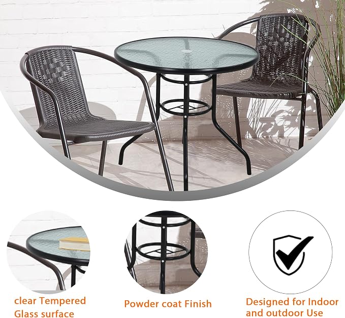 Round Outdoor Table Patio Table with with Umbrella Hole, 32 Inch Tempered Glass Outdoor Dining Tables Deck Table Bistro Table, All Weather Umbrella Table Outdoor Tables for Pool, Lawn, Balcony