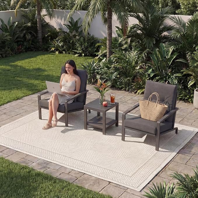 3-Piece Small Patio Set, Gray Aluminum Outdoor Furniture Set with Loveseat, 2 Chairs & Coffee Table, Metal Patio Conversation Set with Thick Cushions, Weather-Resistant