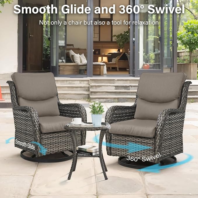 Outdoor Swivel Rocker Patio Chairs Set of 5 with Loveseat - 5" Thick Cushion 5 Piece Furniture Set with Sofa All Weather Wicker Conversation Set for Porch Deck - Grey Wicker | Grey Cushions