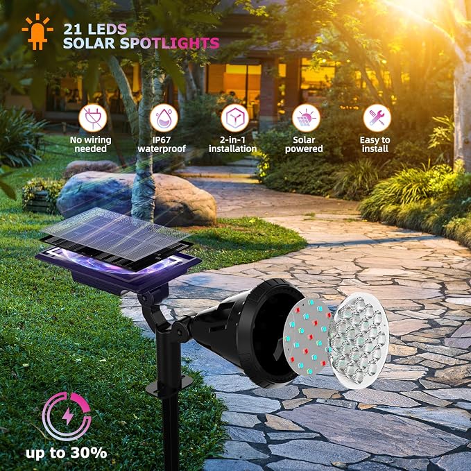 Solar Color Spot Lights Outdoor, 21 LEDs Color Changing Outdoor Lights, IP67 Waterproof RGB Multicolor Yard Solar Spotlights Auto On/Off for Pathway Garden Pool Patio Tree