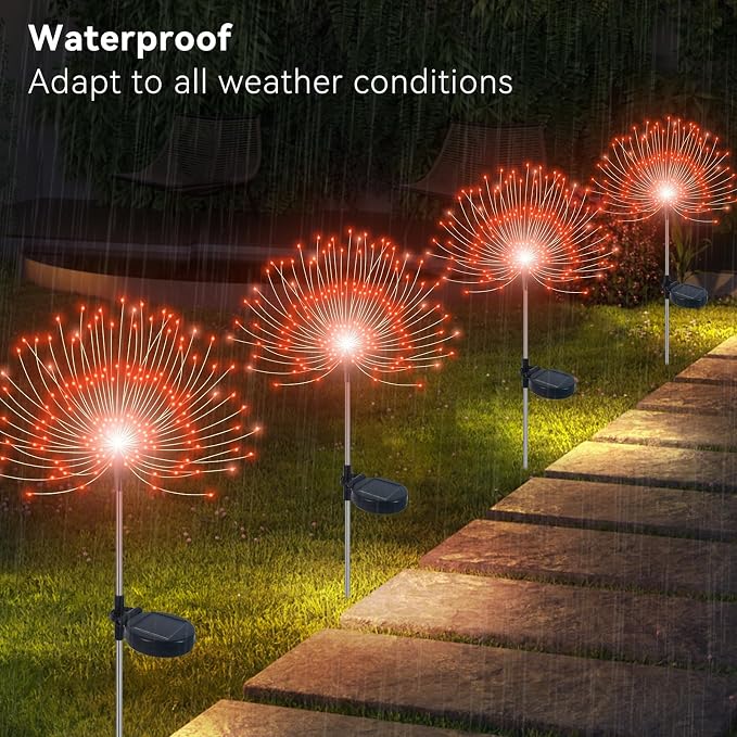 Slyuexu Solar Garden Lights Outdoor Waterproof, 2 Pack 120 LED Solar Firework Lights Decorative Garden Décor Outside for Flowerbed Pathway Party Christmas Decorations, Orange