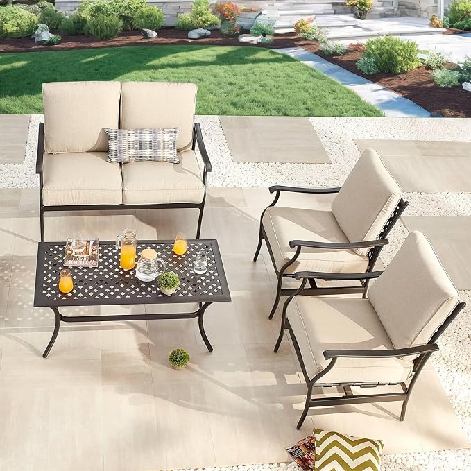 Patio Conversation Set 4 Pieces Cushioned Metal Outdoor Furniture Sets with All Weather Frame for Porch Backyard Lawn (Beige)