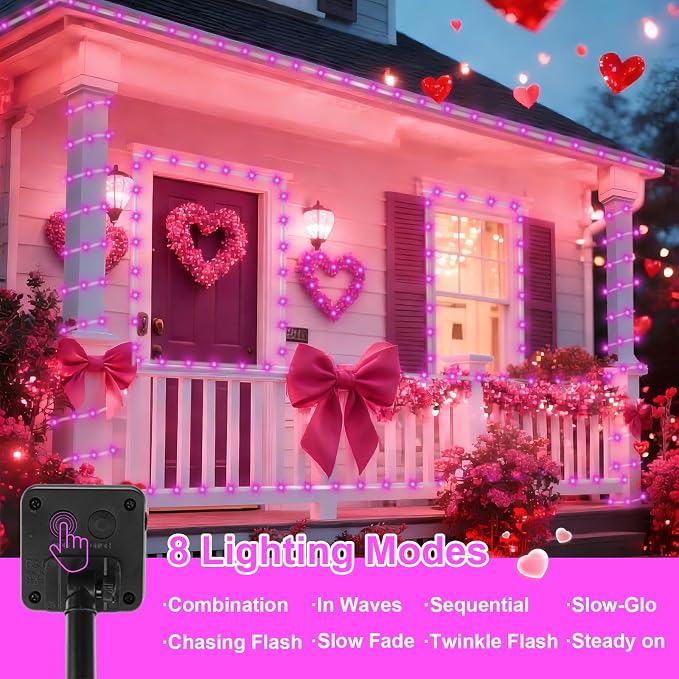QITONG Pink Solar Rope Lights Outdoor, 66ft 200 LED String Light, 8 Modes Fairy Lights in Clear Thin Tube with 8 Modes