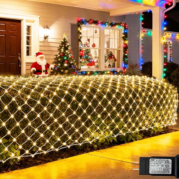 Warm White Net Lights, 15x 5ft Christmas Lights Outdoor Clear Wire | 300 LED Large Net Mesh Lights Plug in, 8 Modes Waterproof Connectable Bushes Lights for Christmas Hedge Yard Decor