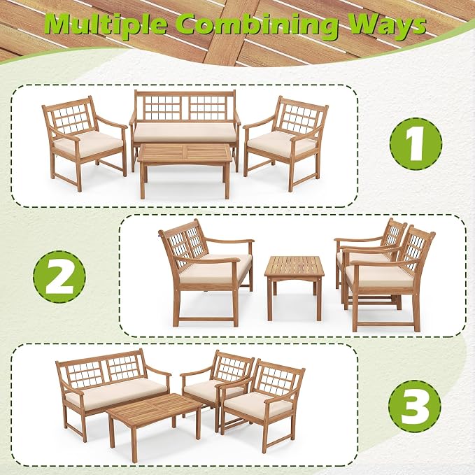 Tangkula 4 Piece Wood Patio Furniture Set, Outdoor Conversation Set w/Soft Seat Cushions, Solid Acacia Wood Frame, 2 Armchairs, Loveseat & Coffee Table Set for Backyard, Porch, Poolside (White)