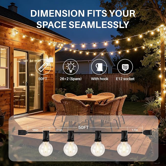 50 FT 2700K Outdoor String Lights,26 Plastic Edison Bulbs, E12 Base | G40 globe shatterproof bulbs, IP65 waterproof, dimmable LED, for backyard porch balcony party decor