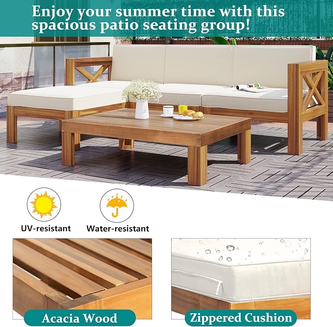 5-Piece Outdoor Backyard Patio Set, Acacia Wood Sectional Sofa Seating Group Set with Tea Table and Cushions, Conversation Furniture Set for Garden Backyard Poolside (Natural Finish+beige cushion 2)