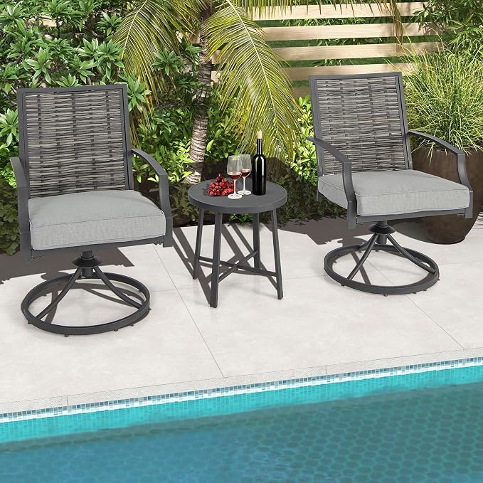 Tangkula 3 Piece Patio Swivel Chair Set, Wicker Swivel Chairs w/Coffee Table, Soft Seat Cushions, Heavy-Duty Metal Frame, 360° Swiveling Chair Set for Backyard, Balcony, Front Porch (Gray)