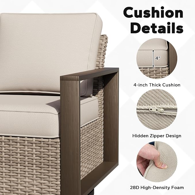 Outdoor Patio Swivel Rocker Chairs, 8 Pieces Wicker Furniture Set, 4 Swivel Rocking Chairs, 1 Sofa, 2 Ottoman and 1 Table, Wide Armrest, Thick Cushions and Deep Seating for Garden, Backyard, Porch