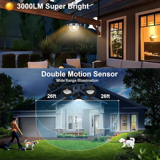 Solar Powered Shed Light Indoor Outdoor Pendant Lights with 2 Motion Sensor | Waterproof, Daytime Available, 3 CCT, Solar Hanging Lamp for Porch, Inside Home, Farmhouse, Gazebo, Chicken Coop