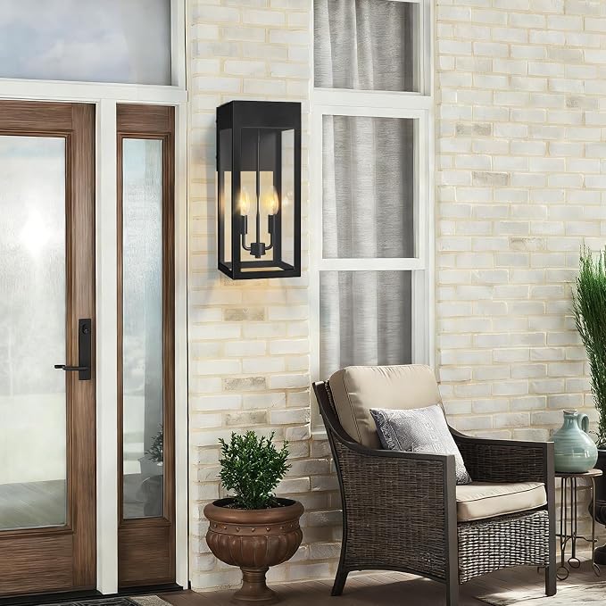 2-Pack 17.87" Extra Large Outdoor Wall Lights with GFCI Outlet, Black 2-Light Porch Lights Outdoor, Waterproof Exterior Lamp with E12 Sockets for House, Porch, Patio, Garage