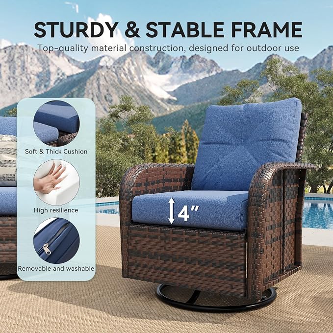LazySunsets 7 Piece Outdoor Patio Furniture Set with Coffee Table, Wicker Rattan Outdoor Furniture with High Back Swivel Rocker Chairs, Outdoor Conversation Set with Thick Cushion, Navy Blue