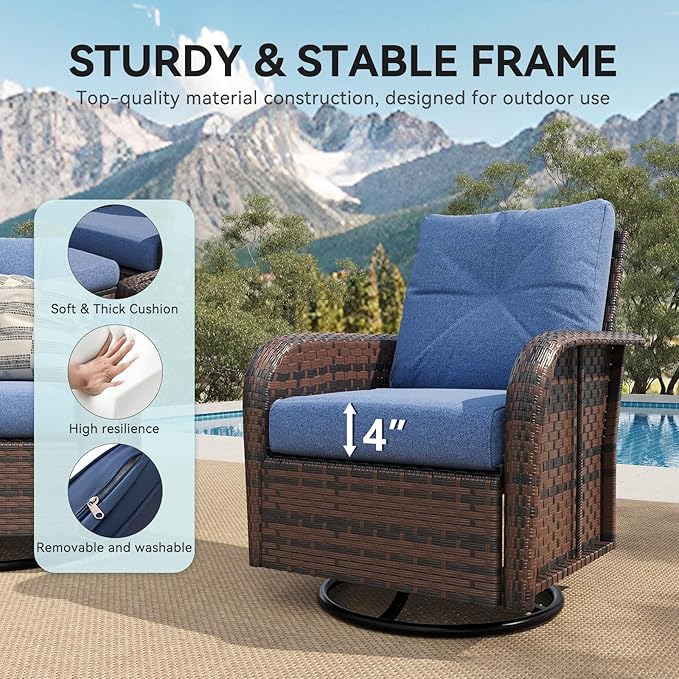 LazySunsets 9 Piece Outdoor Patio Furniture Set with 44'' Fire Pit Table, Wicker Rattan Outdoor Furniture with High Back Swivel Rocker Chairs, Outdoor Sofa Set with Thick Cushions & Ottoman, Navy Blue