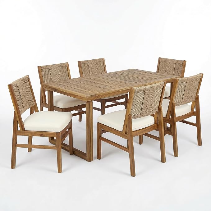 Christopher Knight Home Arly Acacia Wood Patio Dining Set for 6, Solid Wood Outdoor Dining Table Set for 6, 7 Piece Outdoor Dining Set with Rectangular Table and Wicker Backrest, Teak+Cream