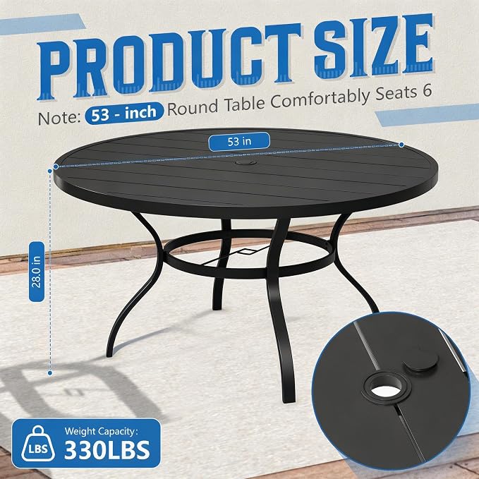 Oakcloud 53" Round Patio Dining Table, Outdoor Metal Round Table Patio Furniture Classic Black Table with 1.57" Umbrella Hole, for Garden Backyard Poolside Deck