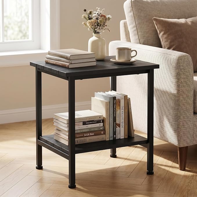 Outdoor Side Table Black, 2-Tier Storage Small Patio Table for Garden | Outdoor End Table, Low Maintenance, Weather Resistant, Balcony Table, for Outside or Indoor, for Balcony, Poolside, Porch