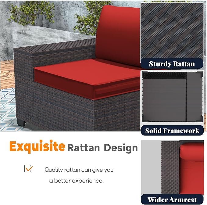 Patio Furniture Set 12 Pieces Outdoor Sectional Sofa Set,PE Rattan Wicker Patio Conversation Set with Thickened Cushions and Glass Coffee Table,Red