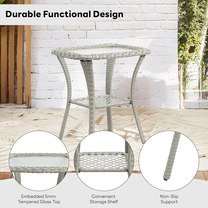Belord Small Outdoor Side Table Tempered Glass Wicker Table - Waterproof Patio Coffee Table Rattan End Table with Storage, Light Gray 20x20x22 inch
