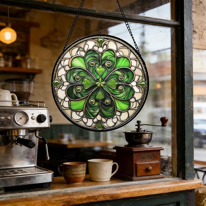 DASTOLL Stained Glass Window Hanging St. Ripak Festival Green Lucky Clover 7.8" - Suncatcher Door Garden Sun Catcher Ireland Decor Mother's Day for Mom Woman Her Men Sisters