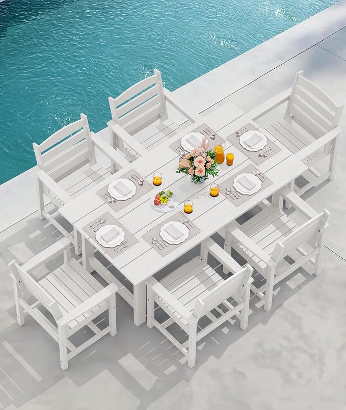 SERWALL 6 Pcs HDPE Dining Set, Includes 1 Table, 1 Bench & 4 Chairs, White | Outdoor Dining Set with Bench, All-Weather Resistant SERWALL Dining Set for patio
