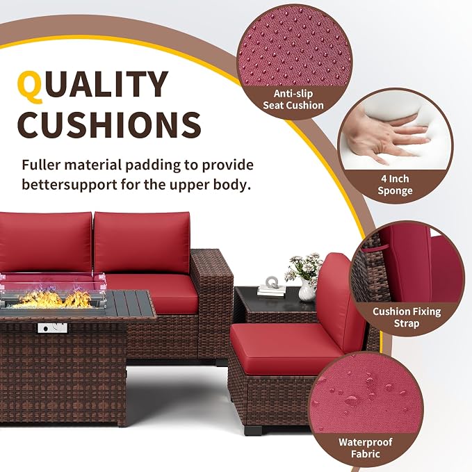 Patio Furniture with Fire Pit Table,8‘’ Wide armrest Outdoor Sectional Rattan Sofa Set, Wicker Patio Furniture Sets w/Coffee Table,Thick Cushions and Cover for Porch, Balcony,7PC (Brown&Wine)