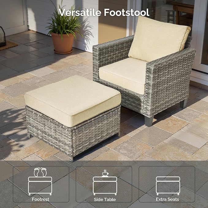 7 Piece Wicker Patio Furniture Set with Firepit Table, Beige | Outdoor Deep Seating Sofa Chair Ottoman, Firepit, Solar Lights Table, Modern Conversation Set, Porch Deck Backyard