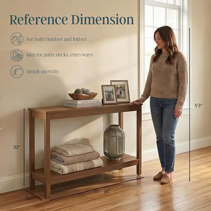 DTY Outdoor Living Eucalyptus Wood Console Table, Two-Shelf Outdoor Buffet, Brown Weather-Resistant Finish