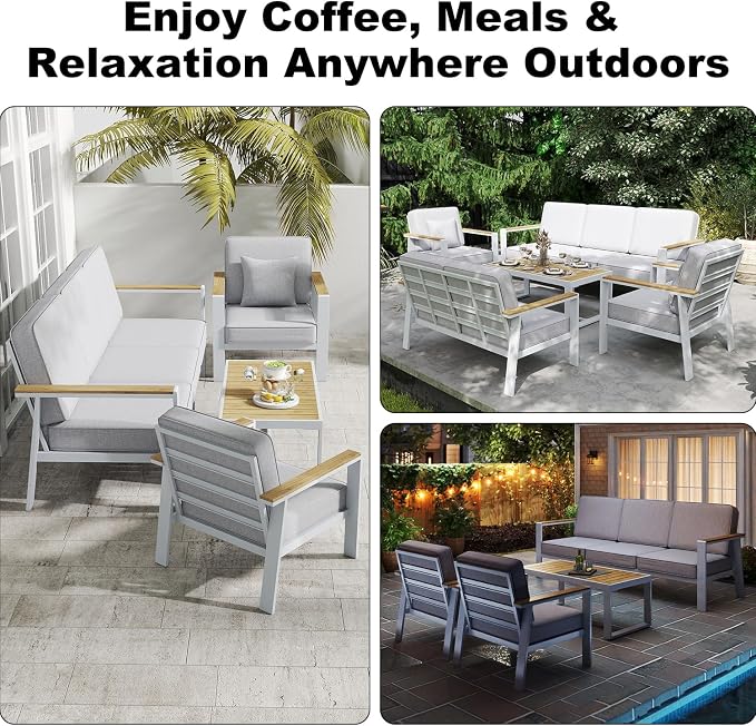 Premium Aluminum Patio Furniture Set 4 Piece,Outdoor Conversation Set with Wide Armrest,5" Thick Cushions, Olefin Fabric,Rustproof Metal Frame,Deep Seating Patio Sofa Set for Backyard,Deck,villa,White